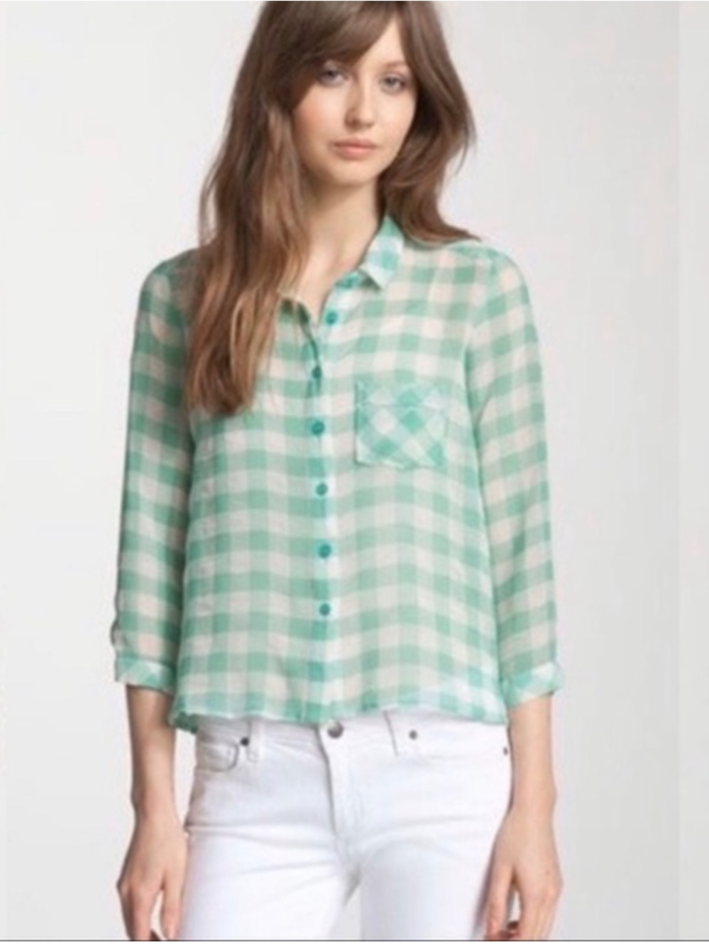 Free People Sweet Spring Green and White Button-Down Shirt Size Medium